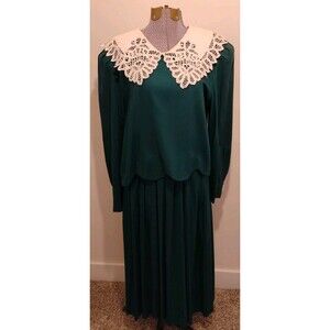 Vtg Plaza South Green Dress Women's Battenburg Lace Pearl Detail 10/ 12 Cottage